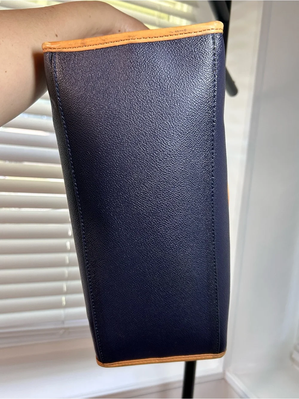 Tory Burch Ella Viva Leather Tote in the distinctive Navy Stripes & Shine design